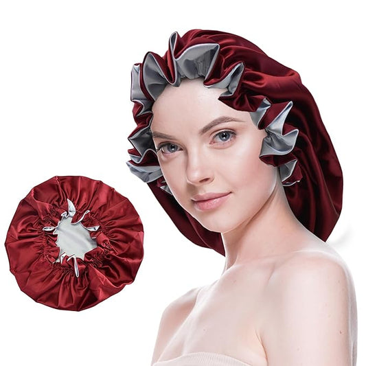 Silk Bonnet for Sleeping Satin Bonnets Double Layer Reversible Hair Cap Bonnet for Women Long Curly Braid Hair (Crimson)