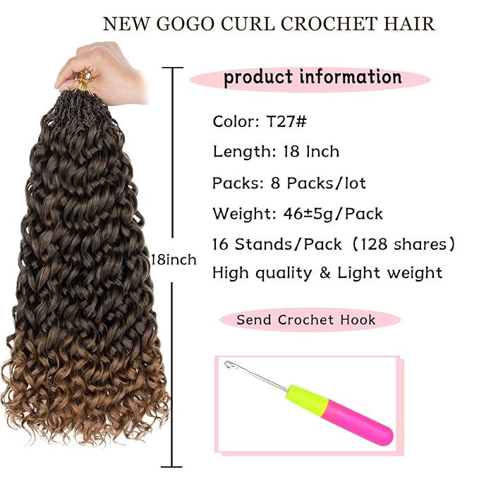 XTREND 18 Inch Gogo Curl Crochet Hair, 8 Packs, Pre-Looped Ocean Wave, Beach Curl, Bohemian Water Wave, Curly Crochet Hair, Box Braids, Synthetic Braiding Hair Extensions (16Strands/pack, T27#)