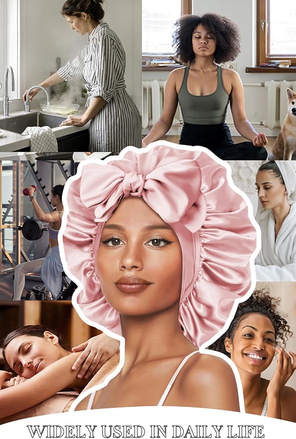 Double Layer Silk Bonnet with Tie Satin Lined Sleep Cap Hair Cover for Women's Curly Natural Hair