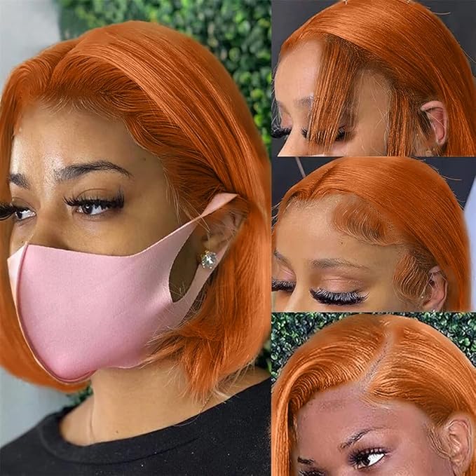 250% Density Ginger Bob Lace Front Wig Human Hair 13x4 Orange HD Lace Closure Human Hair Wig Pre Plucked with Baby Hair Short Ginger Straight Bob Colored Wig for Women 16 Inch