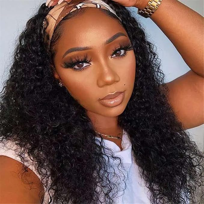 Aiterina Headband Wig Deep Wave Human Hair Wig 18 inch None Lace Front Wigs for Black Women Deep Curly Wave Machine Made Wigs Natural Color
