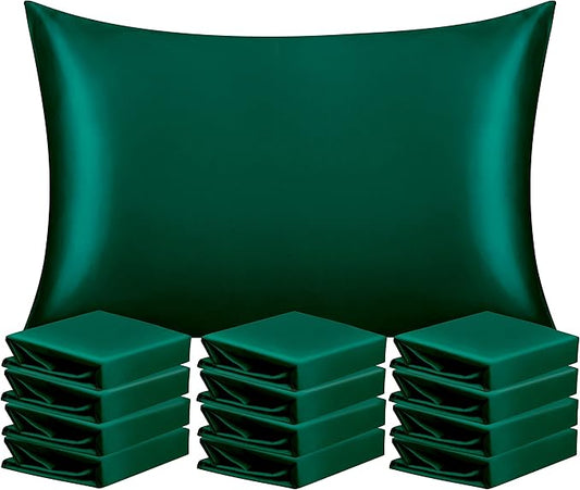 NTBAY 12 Pack Satin Queen Pillowcases for Hair and Skin, Luxurious and Silky Pillow Cases with Envelope Closure, 20 x 30 Inches, Dark Green