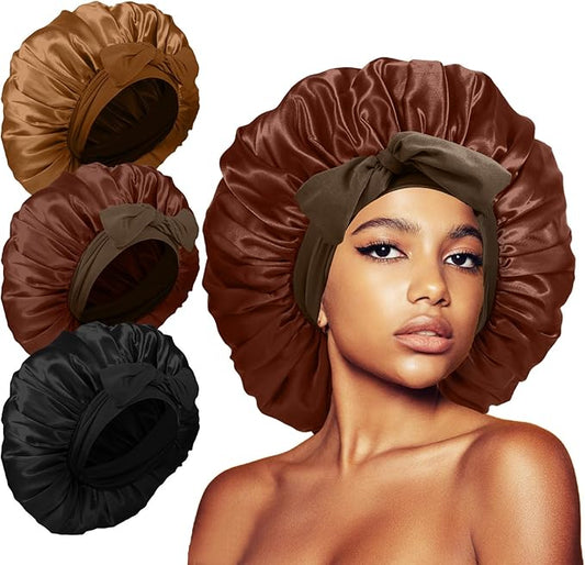 3Pcs Bonnets for Sleeping, Extra Satin Silk Bonnet for Sleeping Women with Tie Band for Curly Hair Jumbo Bonnet Braids