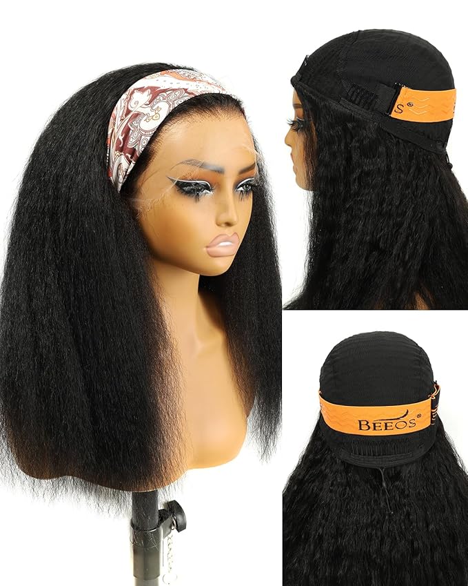 BEEOS Human Hair Half Wig Kinky Straight 16 Inch, 180% Density No Tangle or Shed Drawstring Glueless Half Wigs for Women, Seamless Flip Over Beginner Friendly