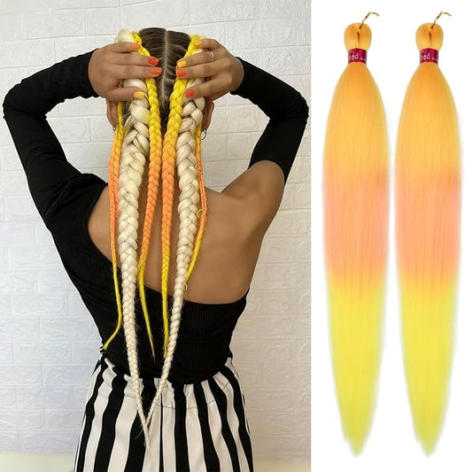 Yellow/Pink/Yellow Braiding Hair Pre Stretched 2 Packs Box Braids Hair Extensions 26 Inches Synthetic Pre Stretched Braiding Hair…