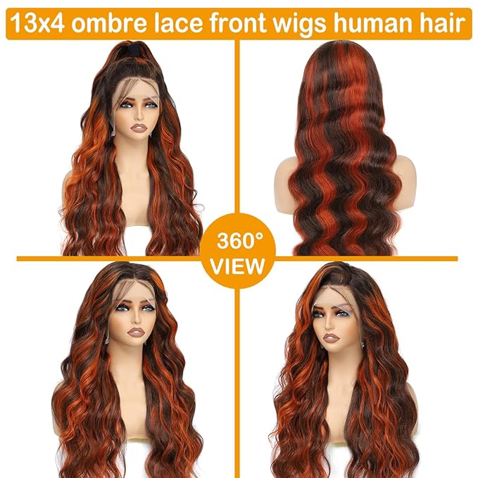 Ginger Highlight Body Wave Lace Front Wigs Human Hair 13x4 Ombre Brown HD Transparent Lace Front Wig Human Hair for Women P4/350 Highlight Ombre 180% Density Glueless Wig 26Inch