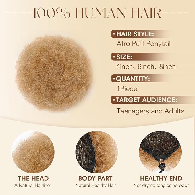 Ponytail Extension for Black Women #27 Honey Blonde 4c Human Hair Large Kinky Curly Durable Natural Soft and Smooth Hair Extensions Clip On Ponytail Bun