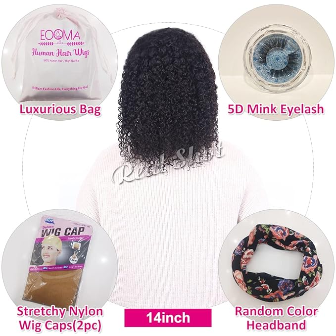 Eooma Curly Headband Wig Human Hair Wigs for Black Women (14 inch) Brazilian Curly None Lace Front Wigs Human Hair Scarf No Gel Gluelees Remy Hair Headband Wig