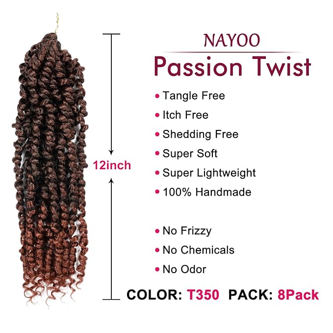 Passion Twist Hair - 8 Packs 12 Inch Passion Twist Crochet Hair For Women, Crochet Pretwisted Curly Hair Passion Twists Synthetic Braiding Hair Extensions (12 Inch 8 Packs, T350)