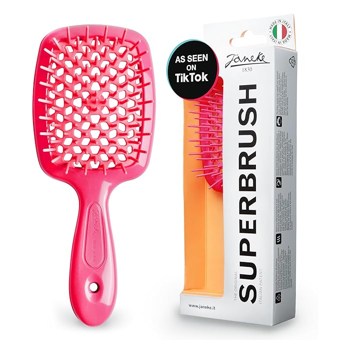 Janeke Superbrush Detangling Brush for Soft Smoothing Hair Brushing with Anti-Static Bristles - Vented Wet Hair Brush for Blow Drying Use - for Curly, Thick, Wavy, Fine Hair Types (Bright Pink)