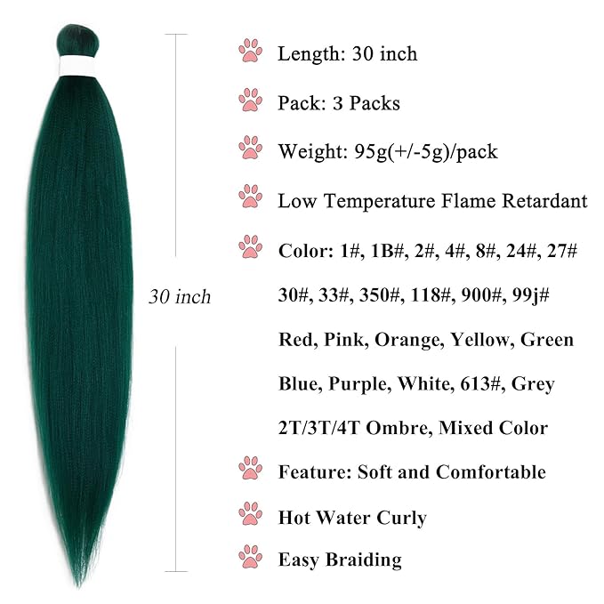 Long Green Braiding Hair Pre Stretched 30 Inch Dark Green Hair For Braiding, Pre Stretched Braiding Hair Extensions For Braids Synthetic Bundles, Yaki Non Toxic Hypoallergenic Braiding Hair