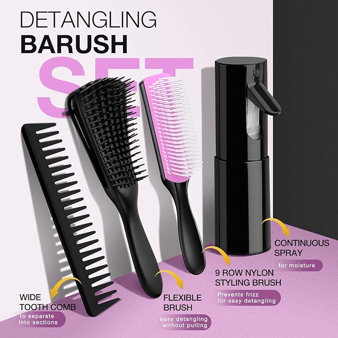 Hommtina Detangling Brush Set with Curly Hair Spray bottle, Bottle Brush Set for Women and Kids Curly Hair (3 PCS, Black+Purple)
