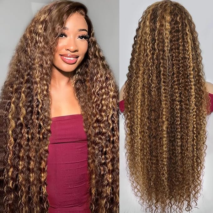 30inch Highlight Ombre Lace Front Wig Human Hair 13x6 HD Honey Blonde 4/27 Deep Wave Lace Front Wigs Human Hair 200 Density Glueless Wigs Human Hair Pre Plucked