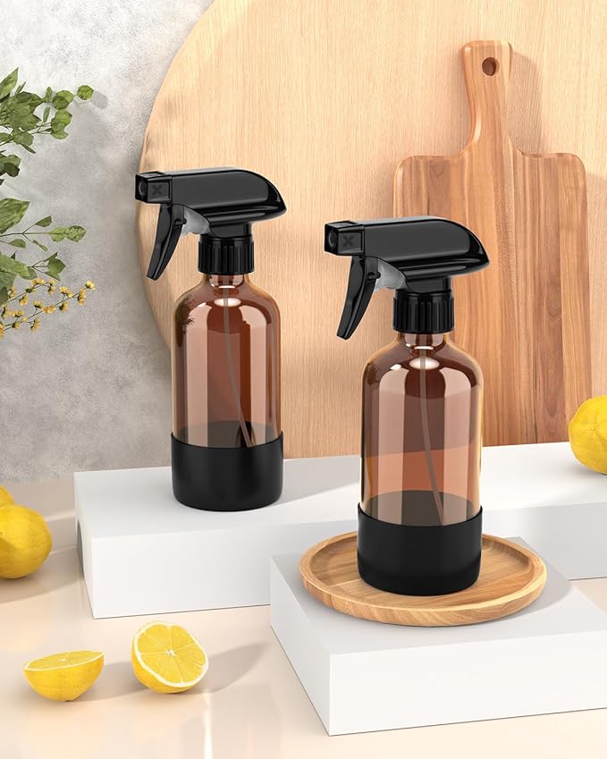 Glass Spray Bottle with Silicone Sleeve Protection, Amber Glass Spray Bottle Set for Window Cleaner Aromatherapy Facial Hydration Watering Flowers Hair Care 2 Pack/8 oz (Black)