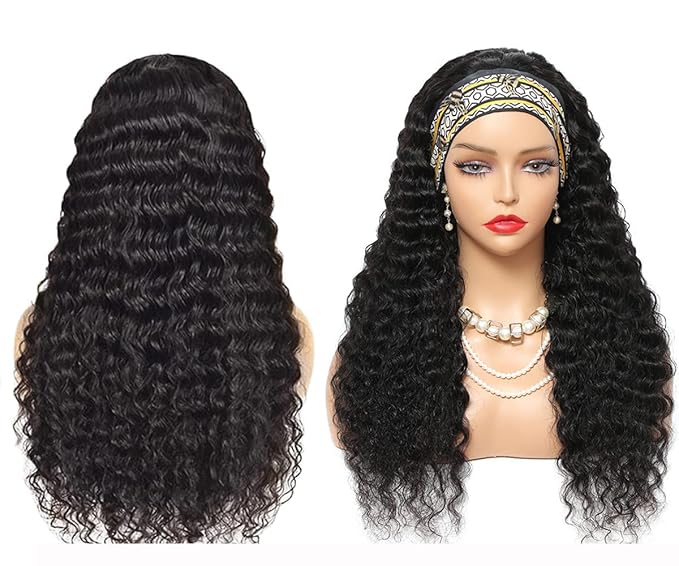22Inch Headband Wigs Human Hair Deep Wave Wig Glueless Headband Wig Deep Wave None Lace Front Wigs Headband Wig Machine Made Wigs Curly Hair Natural Color