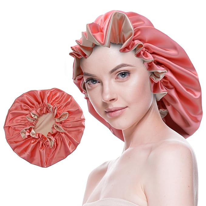 Silk Bonnet for Sleeping Satin Bonnets Double Layer Reversible Hair Cap Bonnet for Women Long Curly Braid Hair (Coral)
