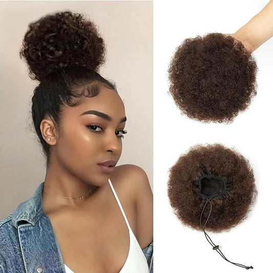 Afro Puff Clip On Human hair Drawstring Ponytail for Black Women,Ponytail Extension 6 Inch #2 Dark Brown 50g Short Afro Kinkys Curly Afro Bun Extension Hairpiece