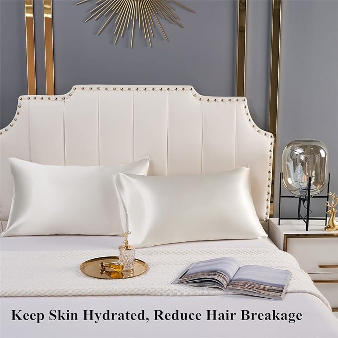 Satin Pillowcase for Hair and Skin, Ivory Silk Pillowcase Queen Size Set of 2 Pack Cooling Satin Pillow Cases with Envelope Closure, Vegan Silk Satin Pillowcase Set with 2 Scrunchies