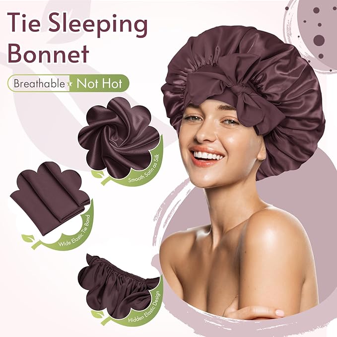 BONNET QUEEN Silk Bonnet for Sleeping Women Satin Bonnet Night Sleep Cap Wrap for Curly Hair with Adjustable Tie Band, Single Layer, Maroon