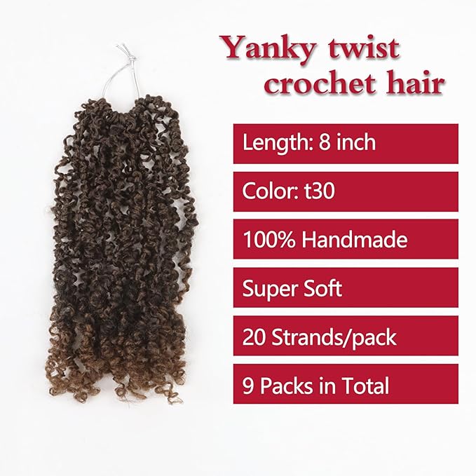 Yanky Twist Crochet Hair, PILLUGER Yaki Twists Hair Micro Spring Twist Braids,9 Packs Pre-looped passion Twist Brown Senegalese With Curls Crochet Synthetic Hair Extensions(T30)