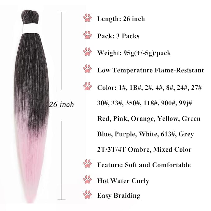 Pre Stretched Braiding Hair Ombre Black Pink Braiding Hair Pre Stretched Colored Hair Extensions for Braiding Box Braids Crochet Hair Pink Weave Prestretched Braiding Hair 26 inch 3 pack