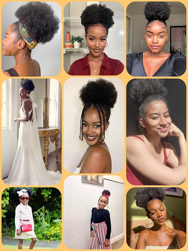 Afro Puffs Large Human Hair Buns Natural Drawstring Ponytail Extensions Updo Chignon 8 Inch Natural Black for Black Women Girls