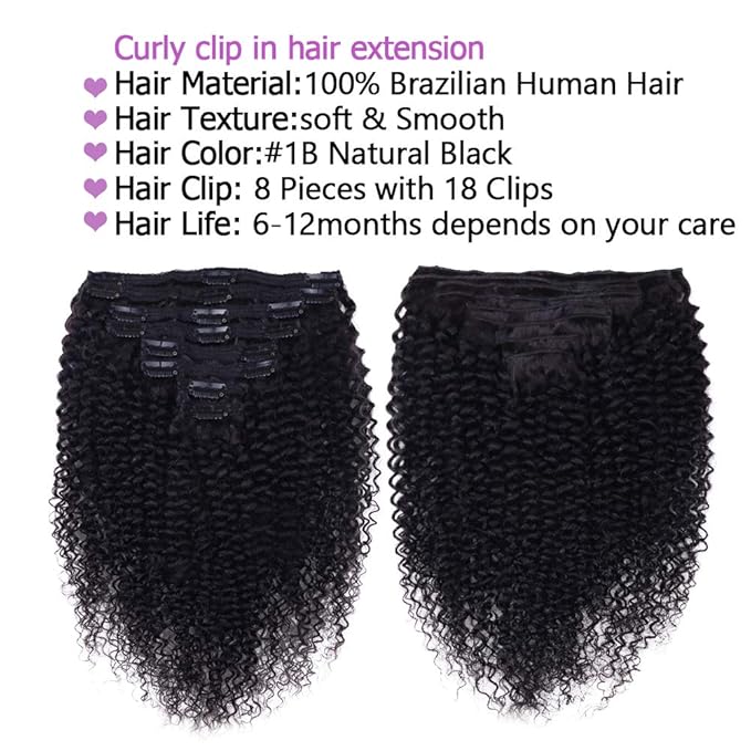 Curly Clip In Extension Human Hair 3C 4A Kinky Curly Clip Ins Full Head for Black Women Brazilian Remy Human Hair Natural Color 8Pcs with18clips 120g/Set (14 inch, curly wave)