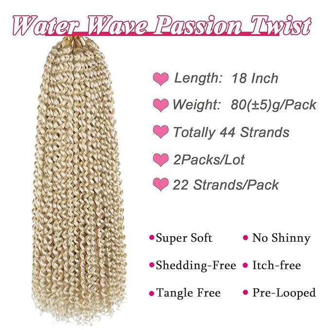 Leeven 18 Inch 2Pcs Water Wave Crochet Braids Hair for Butterfly Locs Passion Twist Crochet Hair Hot Water Setting Blonde Passion Twists Braiding Hair Bohemian Braids Hair for Women 613#