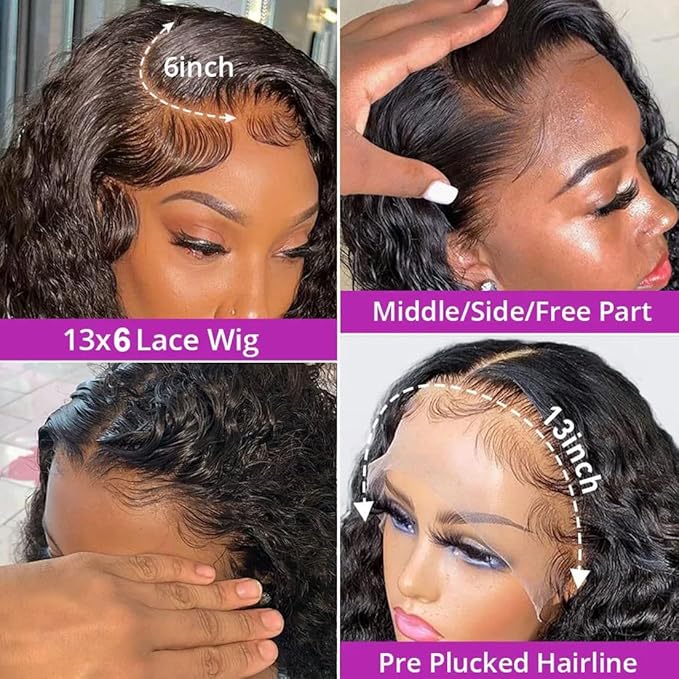 Deep Wave Lace Front Wigs Human Hair 13x6 HD Transparent Lace Front Wigs Human Hair 250% Density Deep Curly Human Hair Wig Pre Plucked Deep Wave Frontal Wigs Natural Color 24 Inch