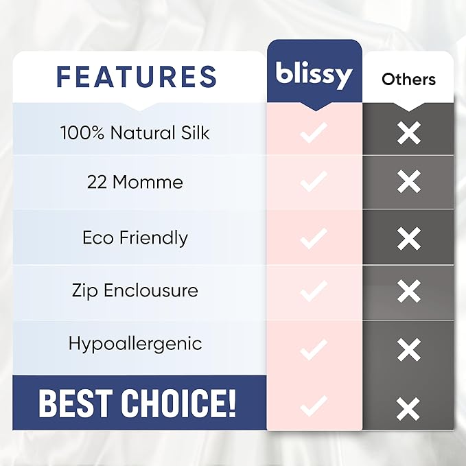 Blissy Silk Pillowcase - 100% Pure Mulberry Silk - 22 Momme 6A High-Grade Fibers - Silk Pillow Cover for Hair & Skin - Regular, Queen & King (White Striped, Queen)