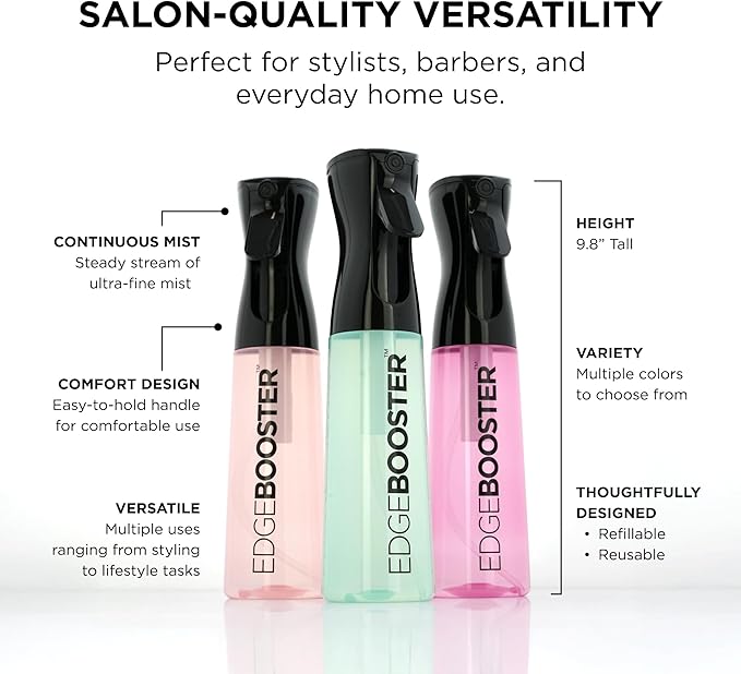 Style Factor Edge Booster Mist Spray Bottle for Hair (10.1oz/300ml) - Continuous Ultra Fine Mist Sprayer – For Hairstyling, Salons, Cleaning, Plants, Essential Oil & More - Green