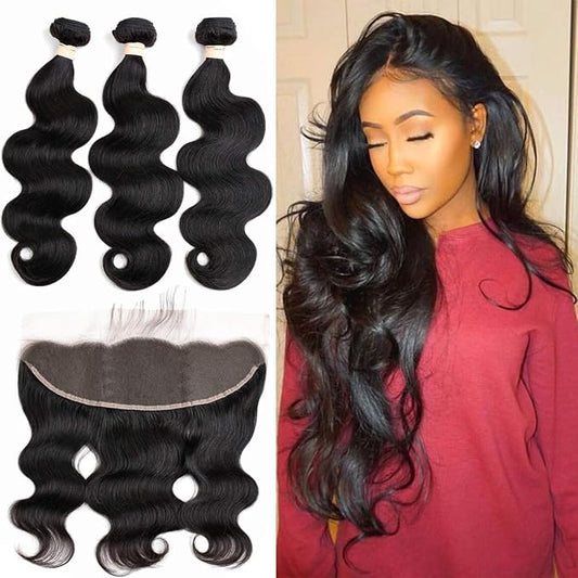 Bundles With Frontal Brazilian Body Wave 3 Bundles with Frontal Brazilian Remy Hair Natural Color 100% Unprcessed Human Hair Extension (22 24 26+20 inches)