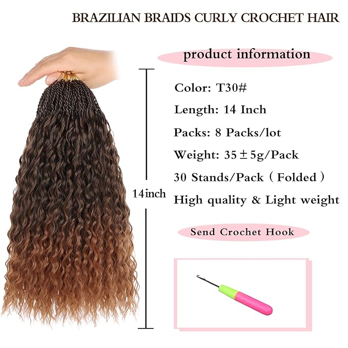 Xtrend 8 Packs Ombre Brown Brazilian Braids Curly Crochet Hair 14 Inch Pre Looped Micro Curly Crochet Hair Extensions Water Wave Synthetic Deep Wave Crochet Hair For Black Women(30Strands/Pack，T30#)