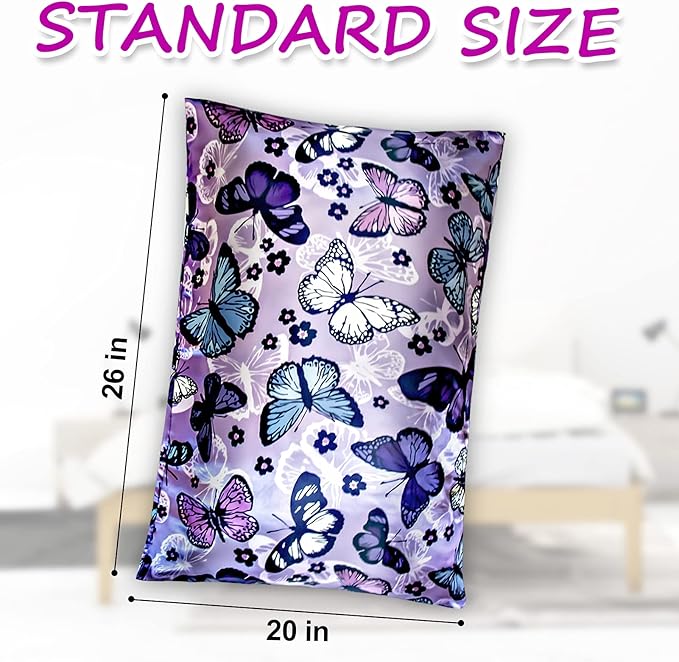 Silk Satin Pillowcase for Hair and Skin Soft Satin Pillow Cases Standard Size Pack of 2, Wrinkle, Fade-Resistant with Envelope Closure (20’’x26’’, Purple, Butterflies & Flower)
