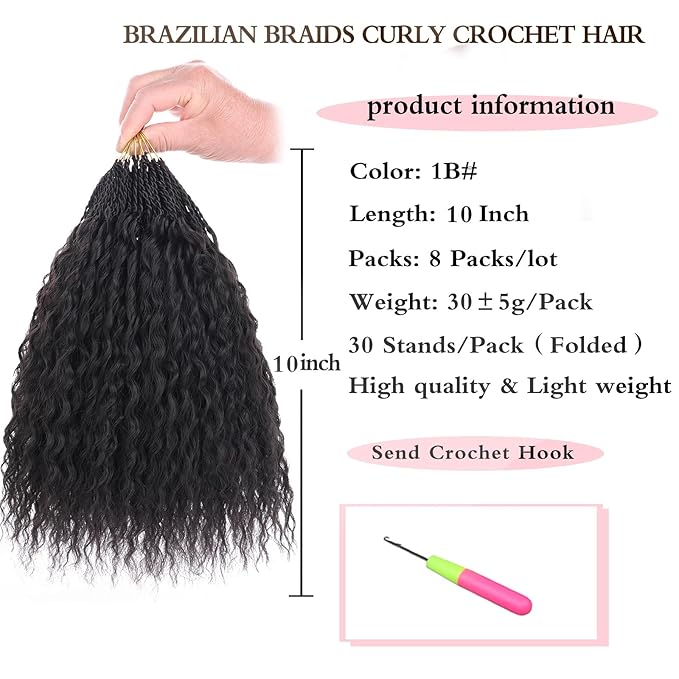 Xtrend Pre Looped Brazilian Afro Kinky Crochet Hair Black Braiding Hair 10Inch 8 Packs Micro Curly Braiding Hair Extensions Deep Wave Synthetic Mini Passion Twist Hair For Boho (30Strands/Pack，1B#)