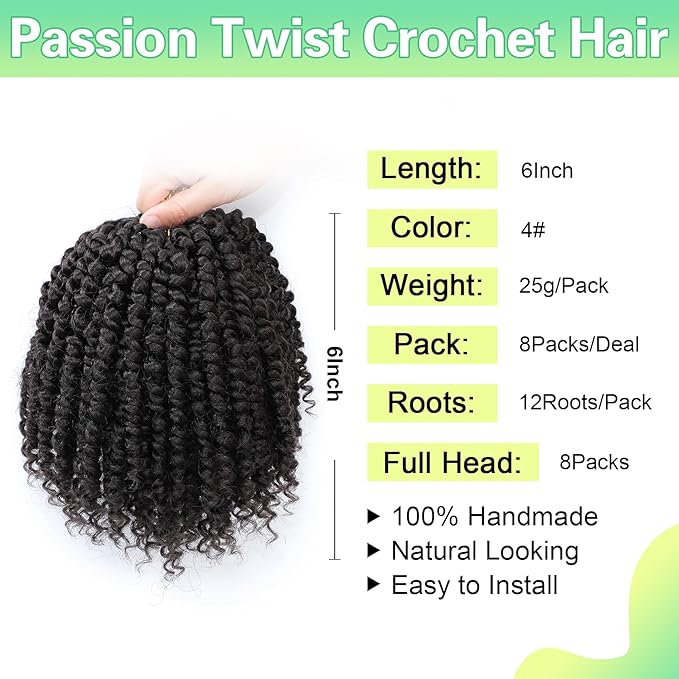 Passion Twist Crochet Hair 6Inch Passion Twist Hair 8 Packs Pre-Twisted Passion Twist Crochet Hair for Black Women Soft Passion Twist Curly Crochet Hair 6"(Pack of 8) 4#