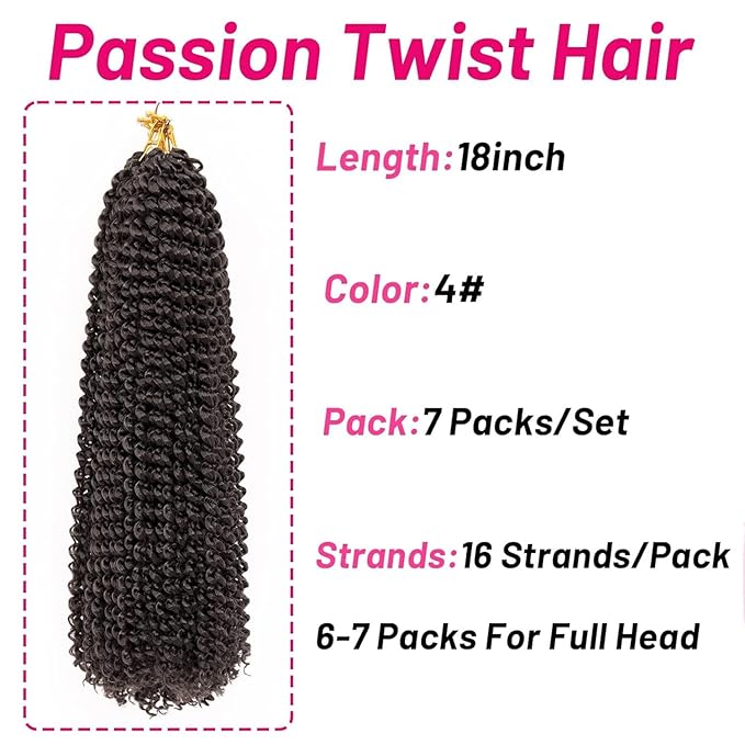 Dorsanee Dark Brown Passion Twist Hair 18 Inch 7 Packs Water Wave Crochet Hair Long Bohemian Curly Braiding Hair for Butterfly Locs, Faux Locs, Boho Style Spring Twist Crochet Braids (4#)