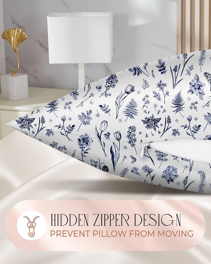 2 Pack Satin Pillowcase - Queen Size 20 x 30 Inches with Hidden Zipper Smooth and Comfortable Pillow Covers Hair and Skin Care for Moms and Women, Blue Line Flower