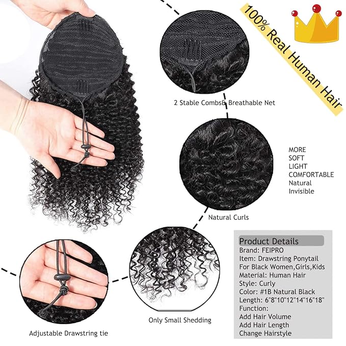 Natural Drawstring Ponytails Real Human Hair for African Black Women Girls Kids,short Afro Puffs Hair Buns Kinky Curly Hairpieces With 2 Stable Combs (8 Inch,#1B Natural Black)