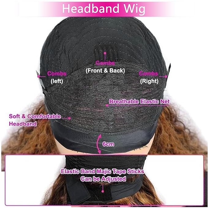 Ombre Highlight Headband Wig Human Hair #4/27 Colored Kinky Curly Headband Wig for Black Women Glueless None Lace Front Human Hair Wigs Brazilian Virgin Hair Wear and Go Wigs 150% Density 28 Inch