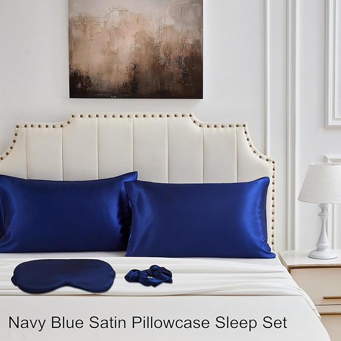 Satin Pillowcase for Hair and Skin, Super Soft Vegan Silk Sleep Set-2 Satin Pillow Cases Standard Size, 1 Eye Mask, 1 Scrunchie, Self Care Essential Satin Night Routine Kit, Navy Blue