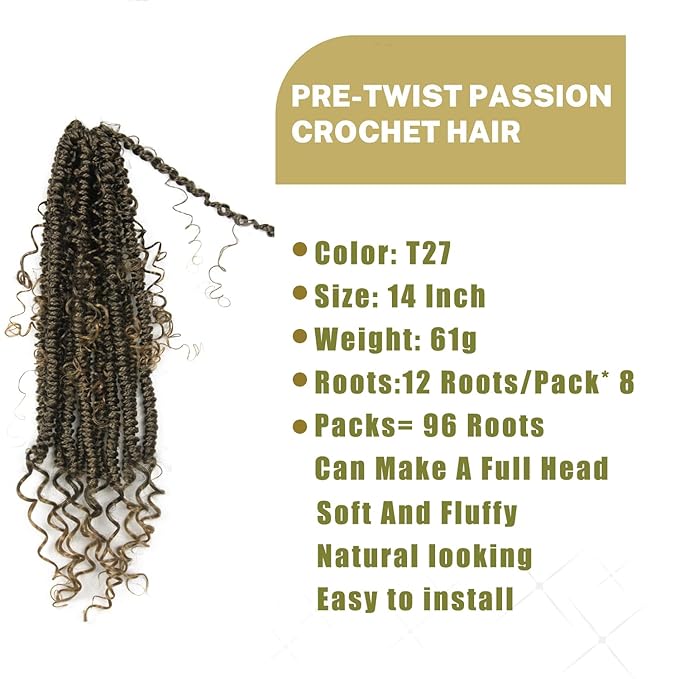 8 Pack Passion Twist Crochet Hair 14 inch Pretwisted Passion Twist Hair with Curly ends, Pre-looped Braided Crochet Boho Short Passion Twist Braided Hair for Women 96pc