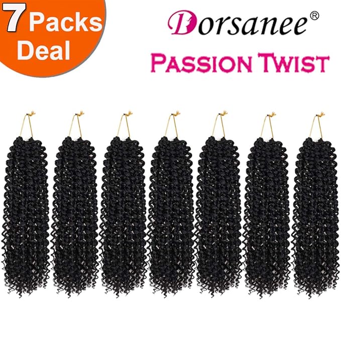 Dorsanee Black Passion Twist Hair 12 Inch 7 Packs Water Wave Crochet Hair Long Bohemian Curly Braiding Hair for Butterfly Locs, Faux Locs, Boho Style Spring Twist Crochet Braids (1#)