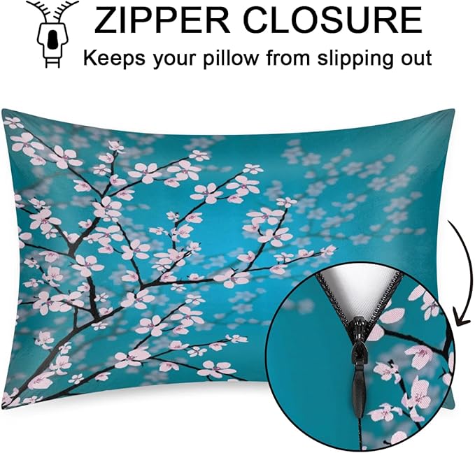 Cherry Blossom Silky Satin Pillowcase for Hair & Skin, Bed Pillow Cases with Hidden Zipper Soft Breathable Pillow Covers for Sleeping Queen Size, 20x30in