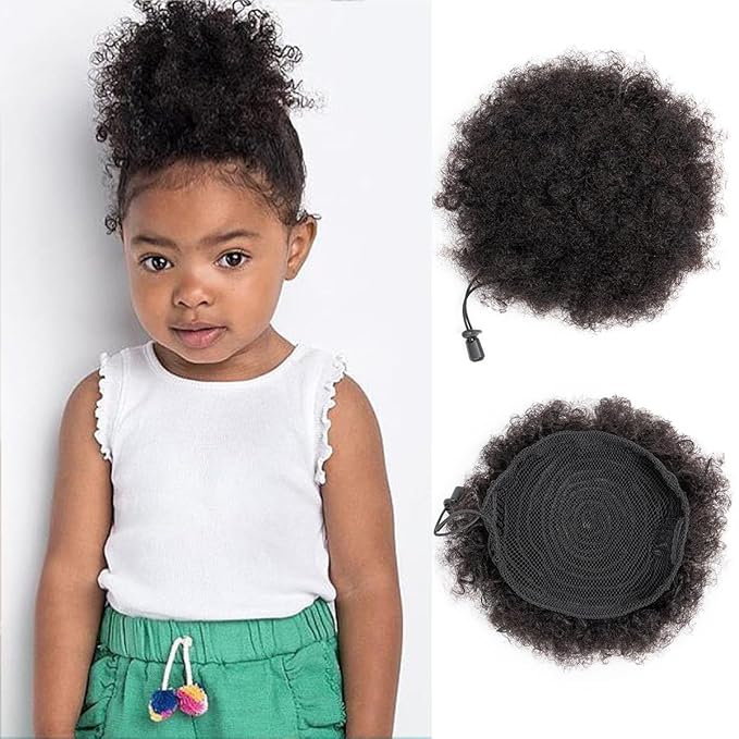 Small Afro Puff Drawstring Ponytail Human Hair Buns 1PC for Girls Kids Children Babies Black Women Natural Black Kinky Curly Hair Updo Donut Chignon 4 Inch