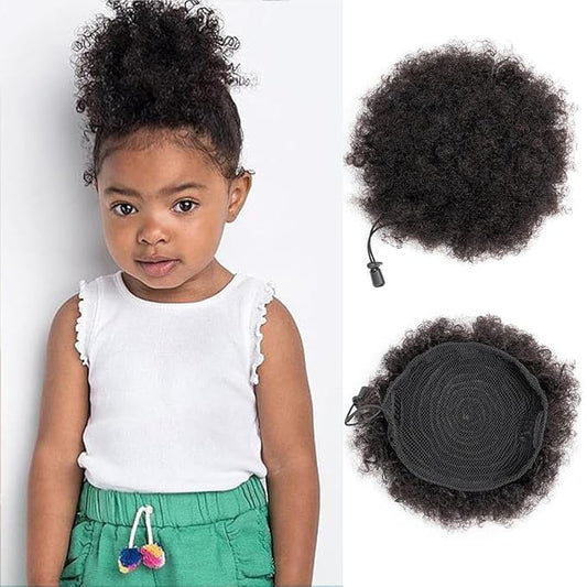 Small Afro Puff Drawstring Ponytail Human Hair Buns 1PC for Girls Kids Children Babies Black Women Natural Black Kinky Curly Hair Updo Donut Chignon 4 Inch