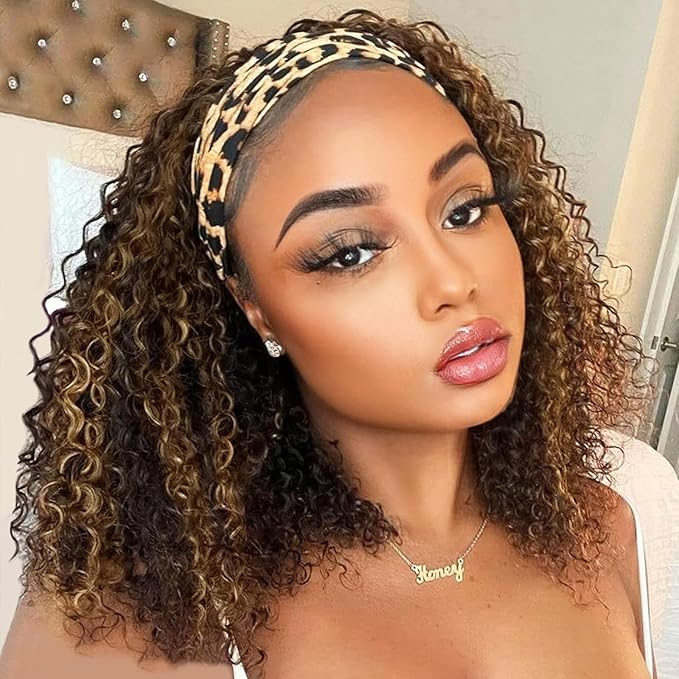 Ombre Highlight Headband Wig Human Hair #4/27 Colored Kinky Curly Headband Wig for Black Women Glueless None Lace Front Human Hair Wigs Brazilian Virgin Hair Wear and Go Wigs 150% Density 14 Inch