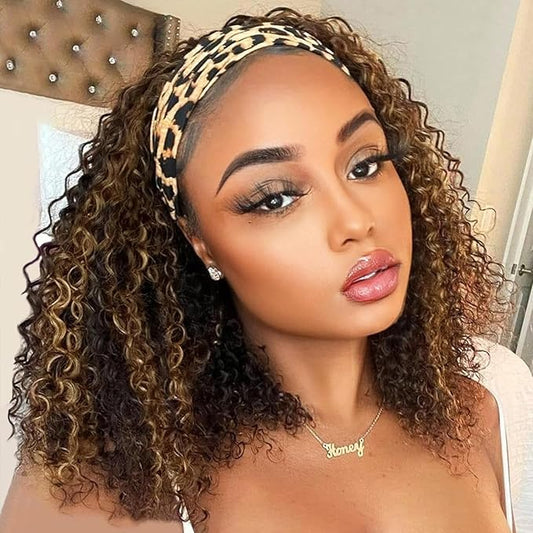 Ombre Highlight Headband Wig Human Hair #4/27 Colored Kinky Curly Headband Wig for Black Women Glueless None Lace Front Human Hair Wigs Brazilian Virgin Hair Wear and Go Wigs 150% Density 14 Inch