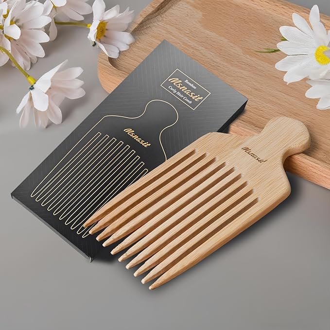 Bamboo Hair Pick for Curly Hair, Premium Wooden Wide Tooth Detangling Comb with Ergonomic Handle, Natural Volume & Styling Tool for Men Women, Fine or Thick Beard Pick