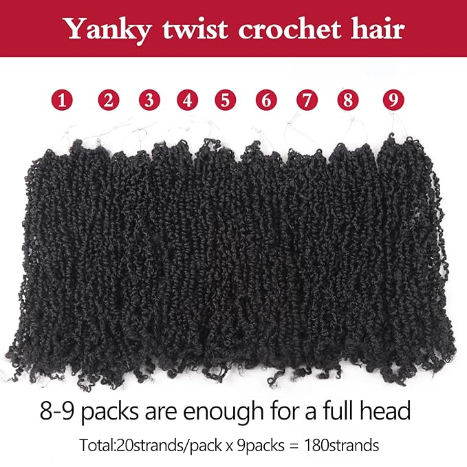 Yanky Twist Crochet Hair, PILLUGER Yaki Twists Hair Micro Spring Twist Braids,9 Packs Pre-looped passion Twist Brown Senegalese With Curls Crochet Synthetic Hair Extensions(1B)